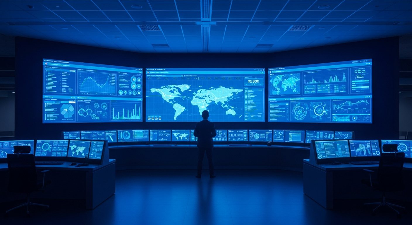 An operations control room with large screens showing real-time logistics dashboards
