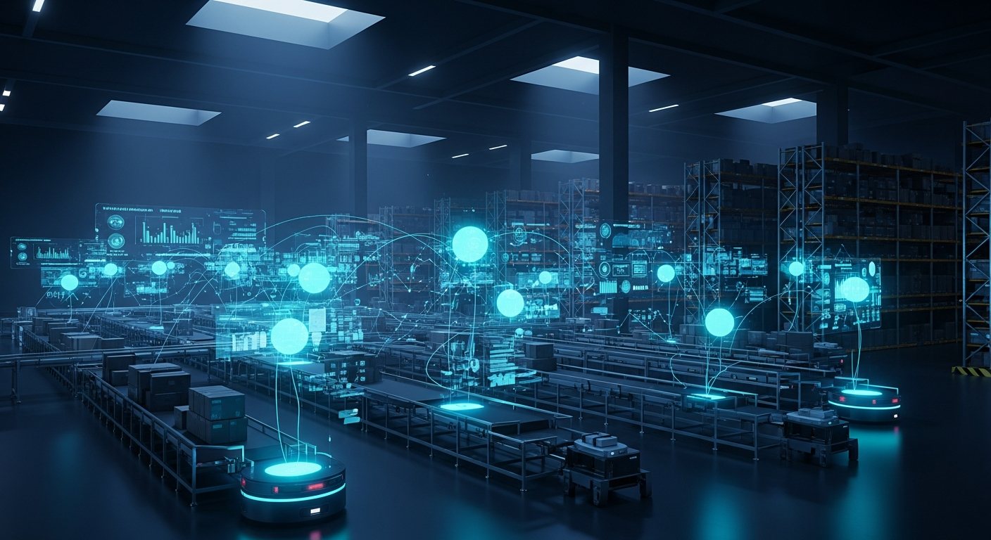 A digital twin of an automated warehouse with glowing real-time data nodes above the floor