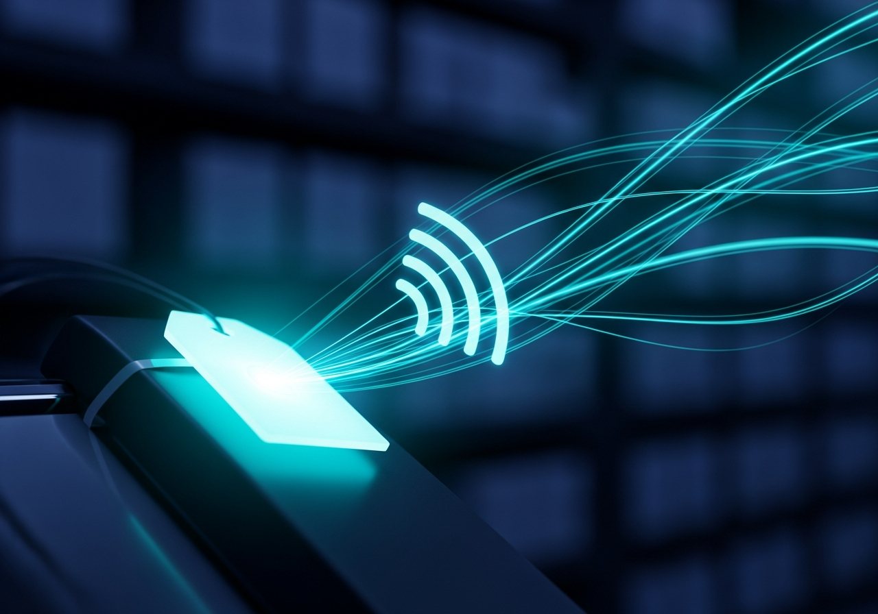 Close-up of an RFID tag being read, with light trails showing data being captured